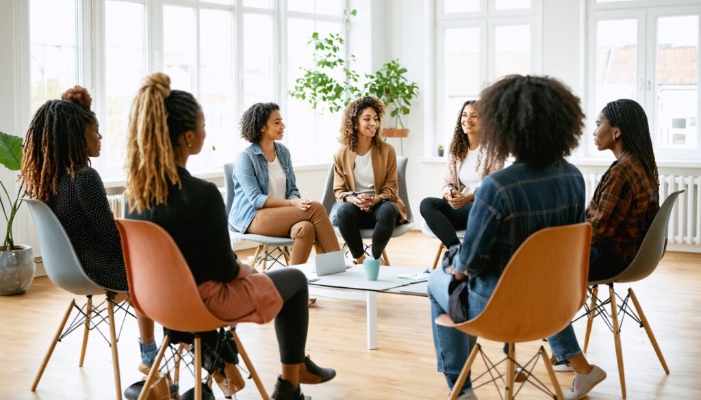 Kleine groep vrouwen in een cirkel tijdens een mini-workshop in een lichte ruimte met warme donkerroze accenten.