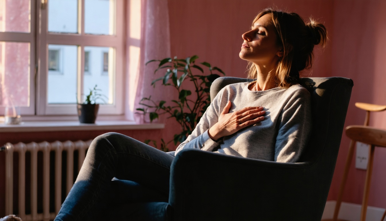 Vrouw zit ontspannen op een stoel met ogen gesloten en hand op hart, in een warme kamer met roze en paarsgrijze tinten, passend bij het traject Terug naar Jezelf.